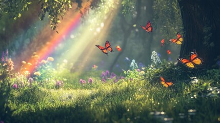 Enchanted Forest with Colorful Butterflies and Soft Sunlight Rays