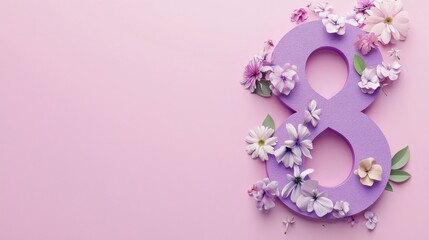3D purple number "8" made of the female symbol and flowers on a pink background, a women's day concept banner design