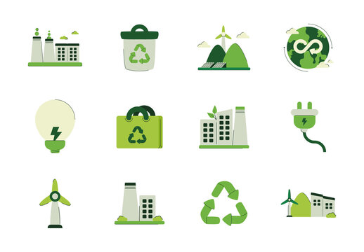 Green Circular Economy Sustainable Technologies Icons Set