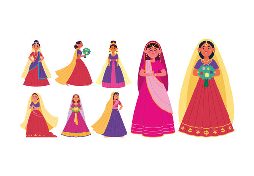 Colorful Student Indian Bride Wedding Illustration Set