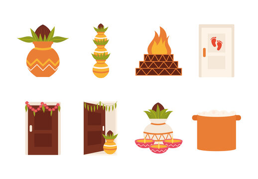 Orange Indian Housewarming Celebration Ritual Icons Set