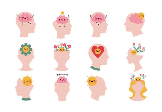 Pink Happy Mind Mental Health Awareness Icons Set