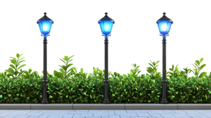 Blue lit lamps beside green bushes on a sidewalk, isolated on transparent background