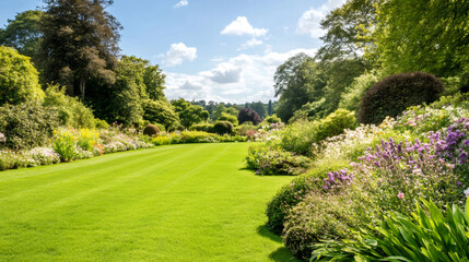 Obraz premium Wide stripes of perfectly mown lawn alternate with colorful flowerbeds in a luxurious garden on a sunny day