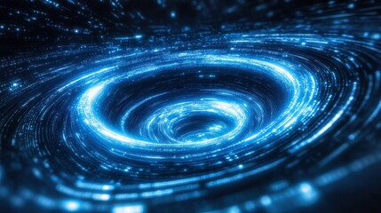 Rotating futuristic digital vortex with neon circuit lines and pixelated glitch distortions, high-tech theme. 