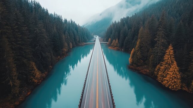 A long bridge road stretching over a calm river, with dense forests on either side - Powered by Adobe