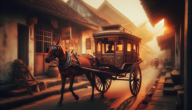 Vintage dokar horse-drawn carriage moving through a narrow street in Yogyakarta at sunset.