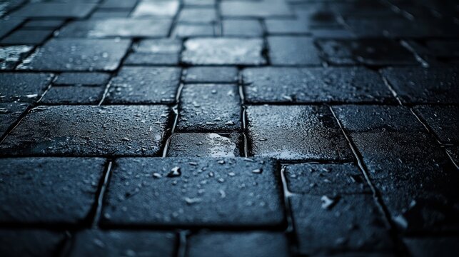 Wet cobblestone pavement in the evening.  Close-up view of dark, reflective paving stones, glistening with water droplets