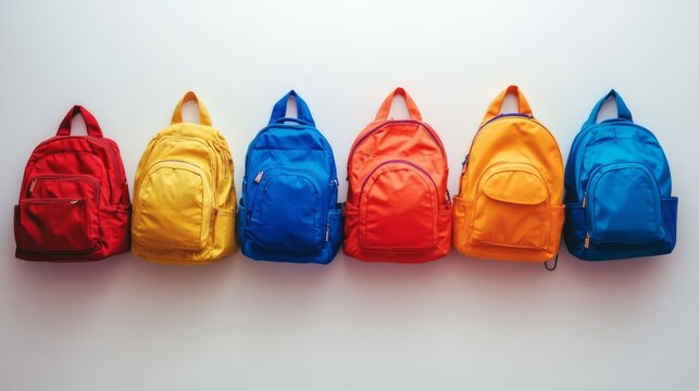 Colorful school backpacks hanging on white wall, organized back-to-school setup for students featuring vibrant bags in a minimalist interior, perfect for education themes and classroom decor concepts. - Powered by Adobe