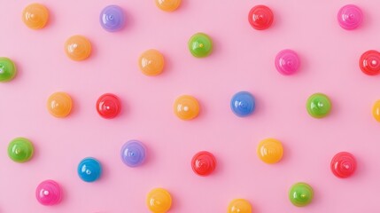 Top view of scattered rainbow lollipops on a pastel pink background, creating a playful composition. 