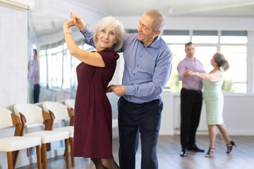Couple of elderly man and elderly woman dancing waltz in studio