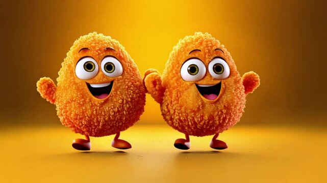 Cute Cartoon Chicken Nuggets with Big Eyes Dancing on a Yellow Background