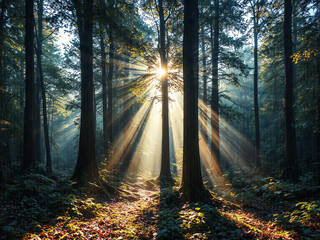 Sonnenstrahlen im mystischen Wald