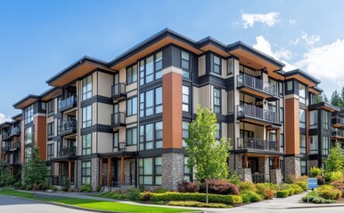 Fototapeta premium Modern apartment building with balconies and landscaped garden under clear blue sky in a suburban neighborhood