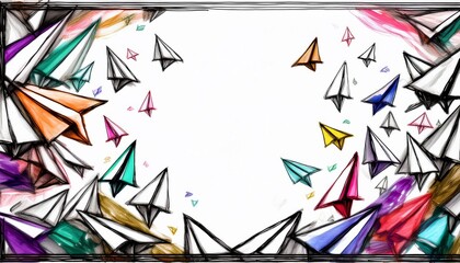 Fototapeta premium abstract border frame of colorful paper airplane drawing background with copy space