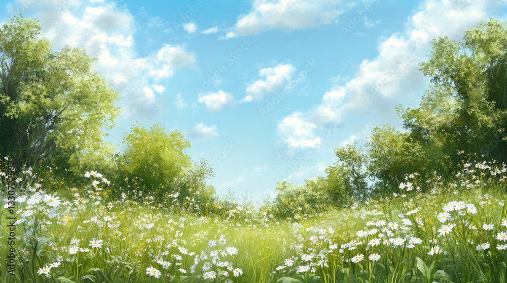 Poster white daisies blooming in a large field surrounded by trees under a blue cloudy sky during a sunny s