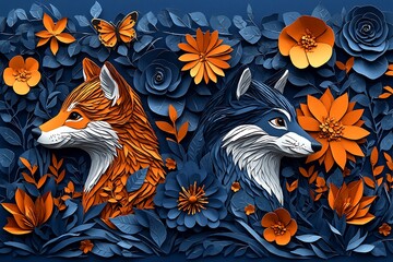 Foxes In Paper Flowers.