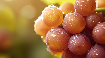 Macrophotography of ripe grapes with drops of water, emphasizing its juiciness and freshness. A great choice for juice packaging, wine, or agricultural advertising.