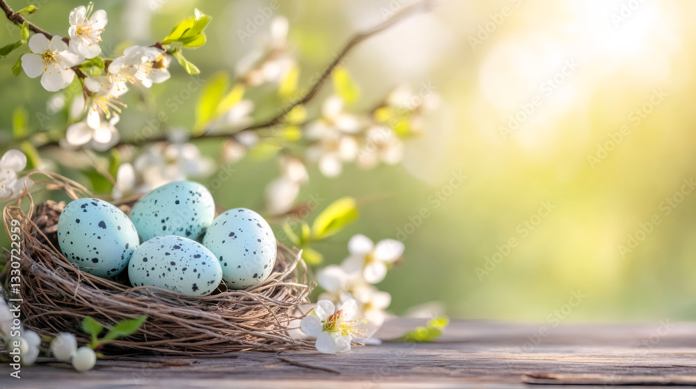 Poster light blue speckled easter eggs in a nest on a wooden table with blooming spring flowers and a blurr