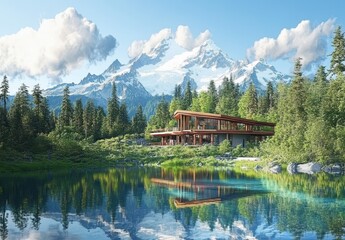 Fototapeta premium Modern architectural building by serene lake with majestic mountains in background showcasing nature's beauty and tranquil landscape in bright daylight