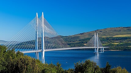 Obraz premium Modern cable-stayed bridge spanning a tranquil waterway, with a backdrop of rolling hills. A clear, sunny day highlights the bridge's elegant structure