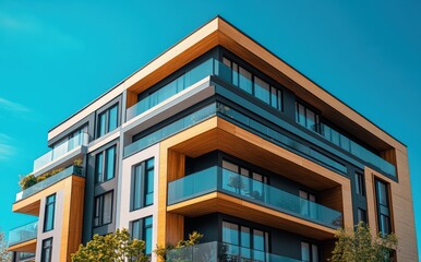 Fototapeta premium Modern architectural design featuring a stylish residential building with a unique facade and large windows against a clear blue sky