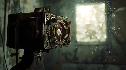 Fototapeta premium Rusty Vintage Movie Projector in Abandoned Building