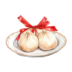 Watercolor big Fresh Samanu with red ribbon on plate Front View. Traditional Persian New Year Samanu, isolated on a white background.  Nowruz vector design set