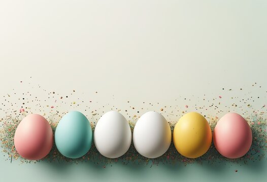Reihe bunter Ostereier in Pastellfarben mit dezentem Glitzer und Konfetti auf hellem Hintergrund, viel Platz f&uuml;r Text &ndash; ideal als stilvolles Osterkartenmotiv. Generative KI