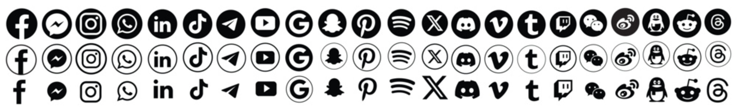 Facebook, Twitter, X, Instagram, YouTube, Snapchat, Pinterest, WhatsApp, LinkedIn, TikTok, Spotify, Vimeo, Reddit, WeChat, Messenger, Telegram, Discord, Threads, Google set of social media logo icons