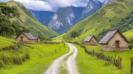 Fototapeta premium A road along a lush green valley with small wooden cottages scattered on both sides