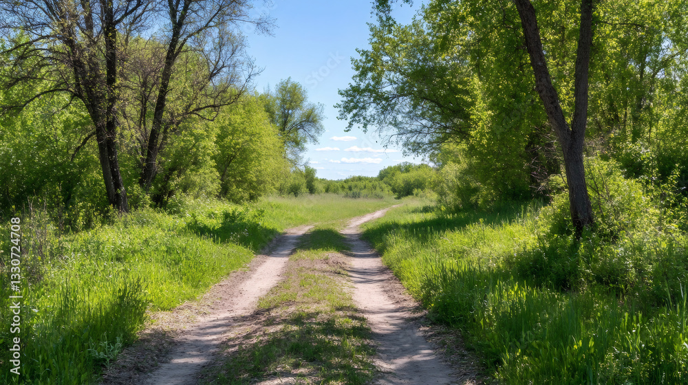 Poster verdant meadow splitting into two winding paths, lined with trees, bathed in warm spring sunlight
