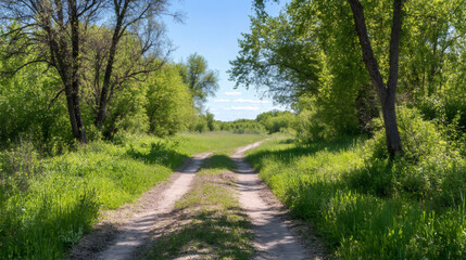 Fototapeta premium Verdant meadow splitting into two winding paths, lined with trees, bathed in warm spring sunlight