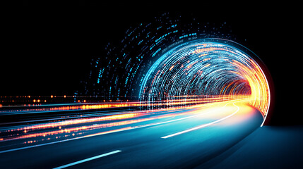 Data Highway: A digitally enhanced, illuminated tunnel with streams of light, embodying the fast and connected digital era, implying the technological advancement. 