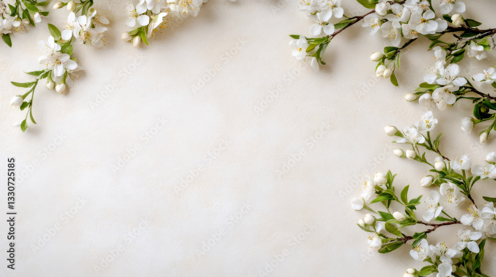 Poster Spring flowers branches creating a frame on beige textured background with copy space for greeting card or wedding invitation