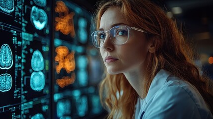 Focused female scientist studying brain scans on a large monitor.