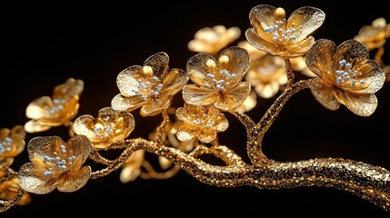 Golden floral sculpture with shimmering blossoms displayed