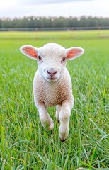 Obraz premium A young lamb running freely in a green field with tall grass3