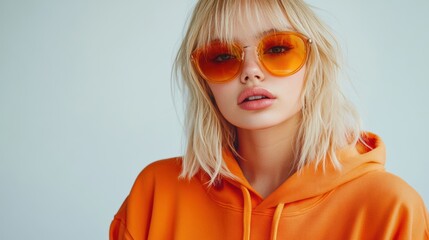 Stylish blonde woman in orange hoodie