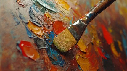 Fototapeta premium Paintbrush Applying Thick Oil Paints To Canvas