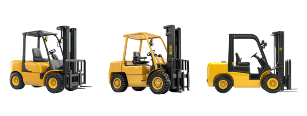 Three Viewpoints of Yellow Forklift Truck for Industrial Use and Equipment