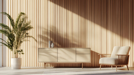 Serene Minimalist Living Room Interior with Wooden Wall and Modern Furniture