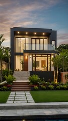 A stunning modern two-story house featuring a sleek architectural design, large glass windows, and an elegant facade. The home is surrounded by a beautifully landscaped garden with lush greenery.