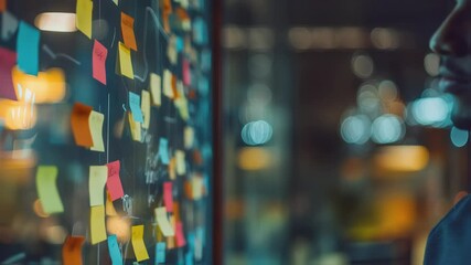 Professional project manager analyzing colorful sticky notes near glass wall in dark office, concentrating on strategic project development and potential workflow solutions