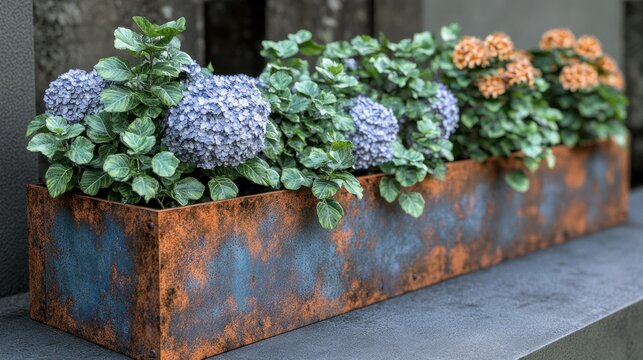 Rustic metal planter box with purple and orange blooms