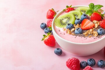 Healthy Smoothie Bowl with Fresh Fruits, A beautifully arranged smoothie bowl topped with sliced kiwi, strawberries, blueberries, chia seeds, and granola