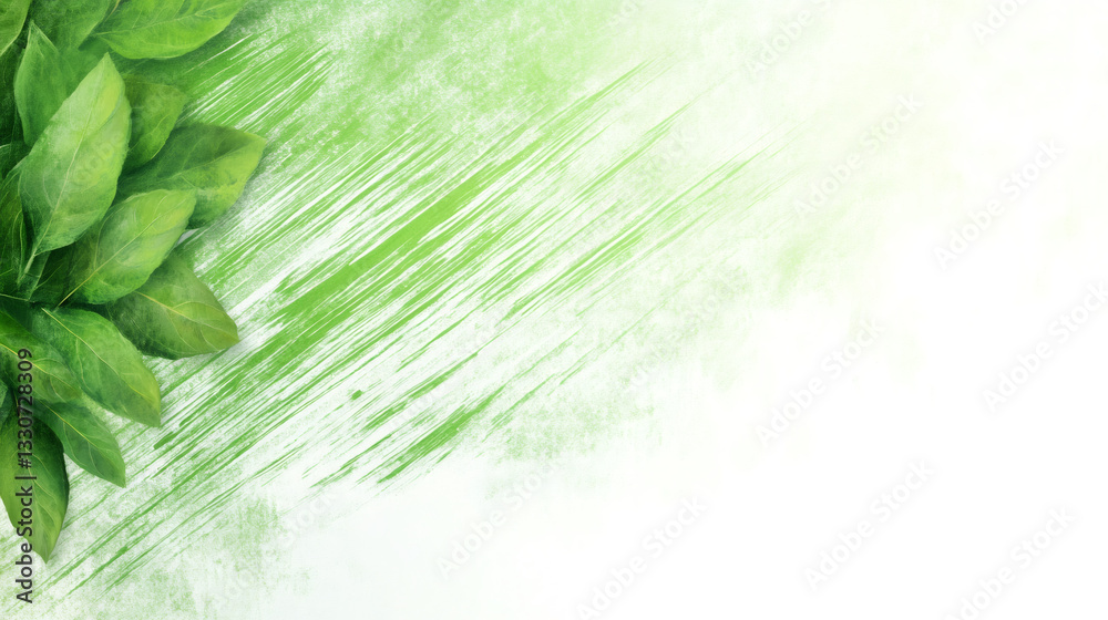 Poster green leaves arranged on a textured green and white background with diagonal brushstrokes, ideal for