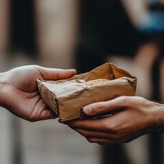 A simple and realistic scene of a kind gesture--someone handing over a small gift.