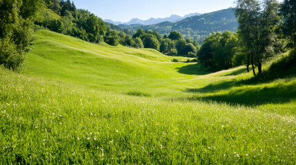 Naklejka premium Lush green grass covering rolling hills in a peaceful mountain valley, creating an idyllic summer landscape