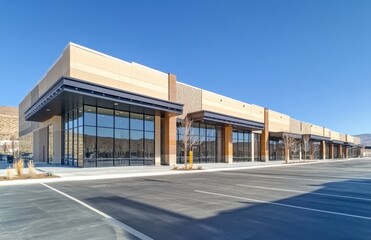 Modern Commercial Building with Large Windows Against Clear Blue Sky in Desert Landscape, Perfect for Business and Retail Use